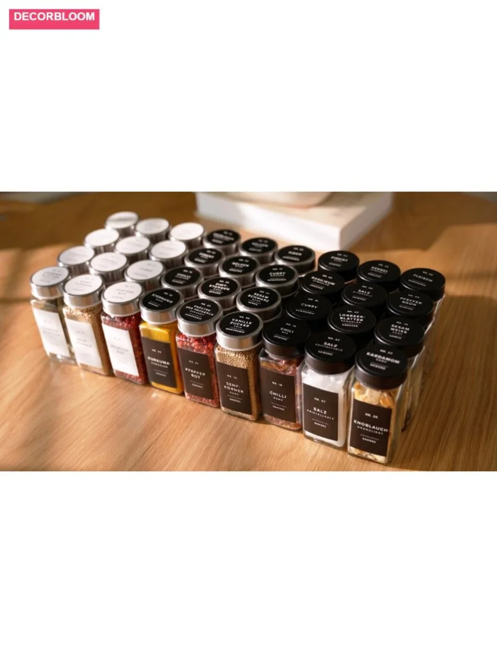 24 Glass Spice Jars with Stainless Steel Lids, Funnel & Labels